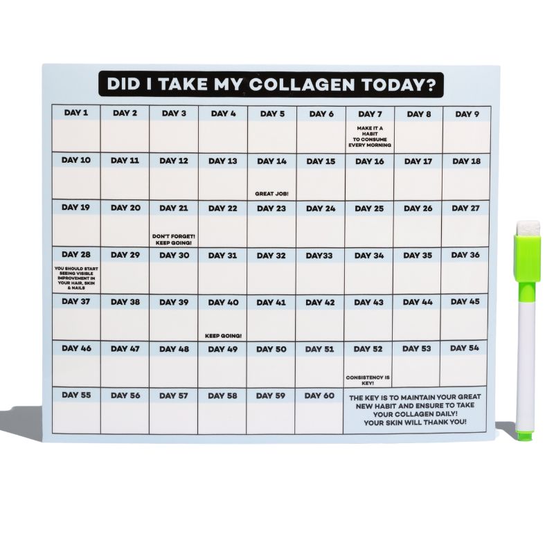 Magnetic 60-day dry-erase calendar titled 'DID I TAKE MY COLLAGEN TODAY?' with day boxes and attached green marker.