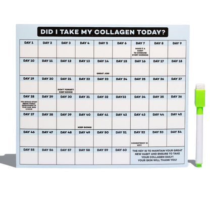 Magnetic 60-day dry-erase calendar titled 'DID I TAKE MY COLLAGEN TODAY?' with day boxes and attached green marker.