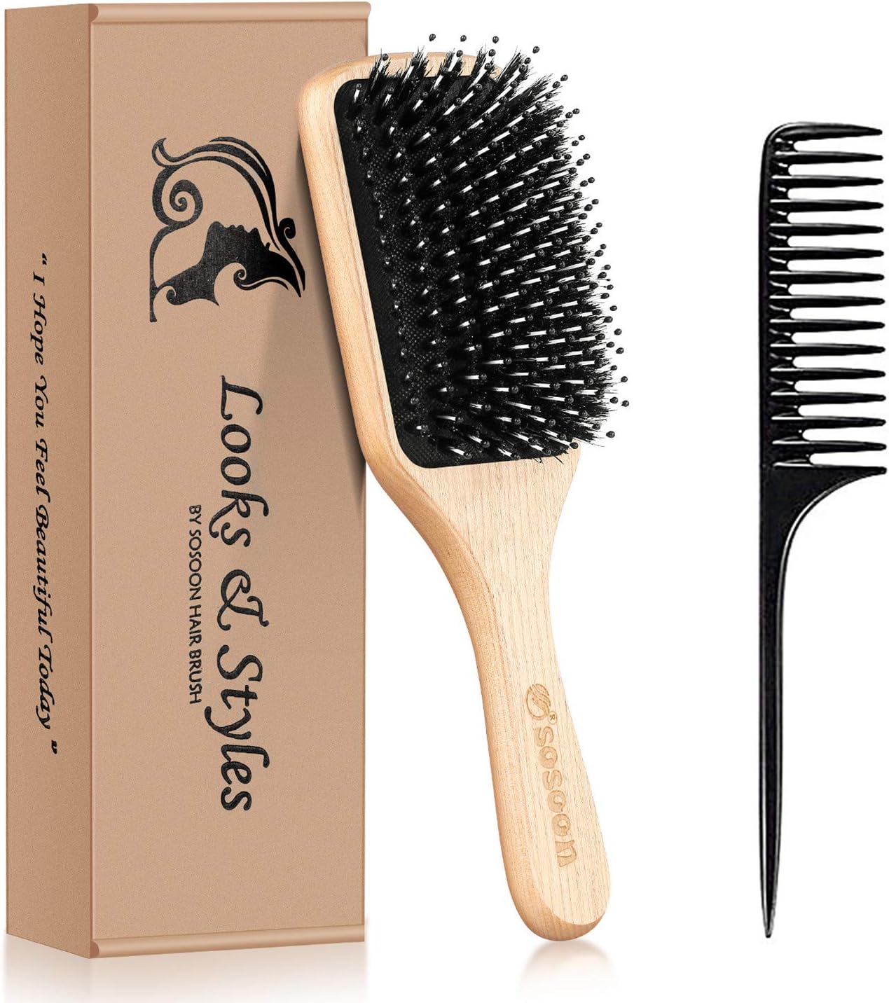 Wood paddle brush with comb and box labeled Looks & Styles BY SOSOON HAIR BRUSH 'I Hope You Feel Beautiful Today' sosoon