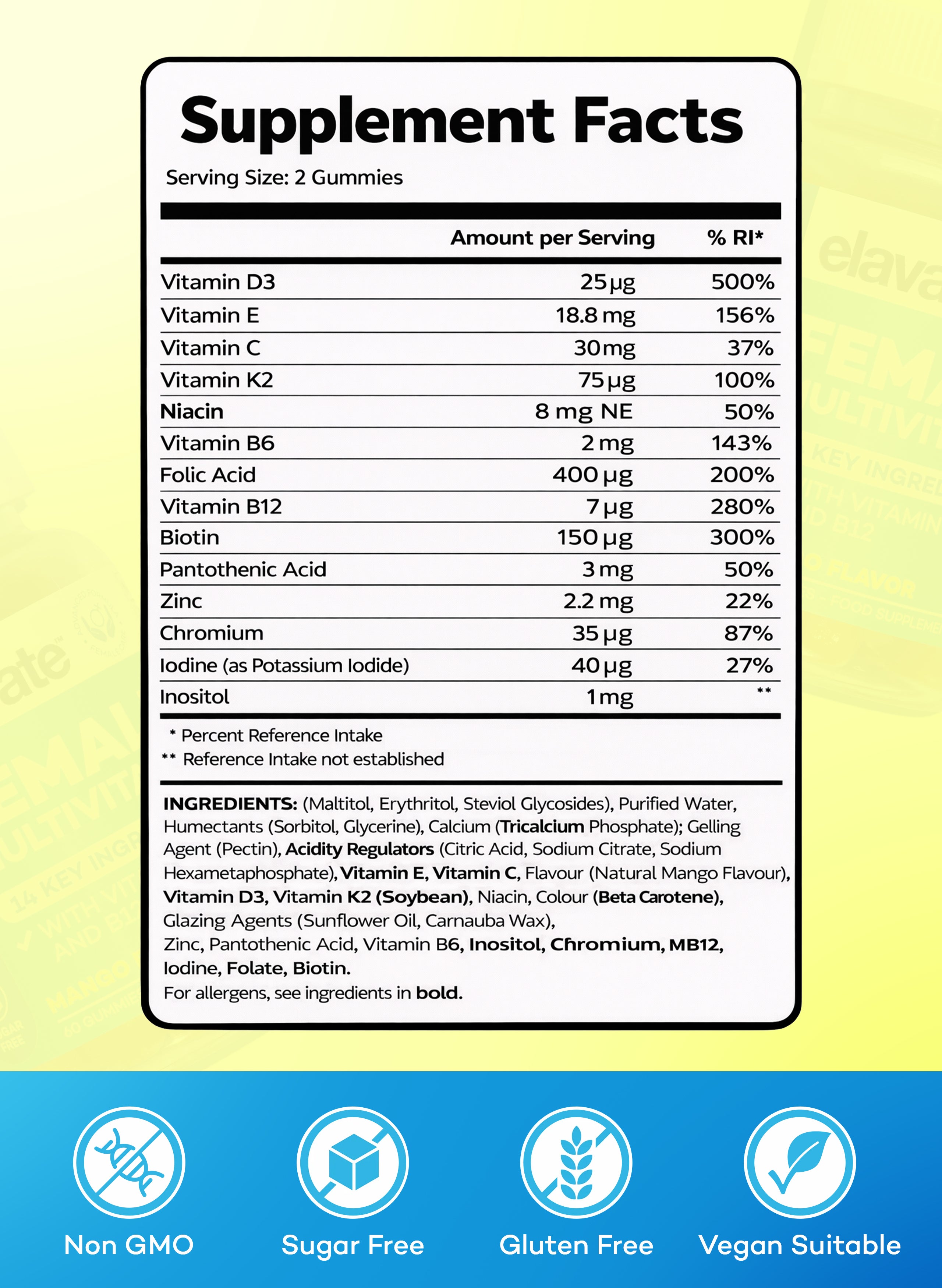 Elavate Superfoods supplement facts panel for gummies, serving size 2; lists vitamins D3, E, C, K2, B vitamins and minerals.