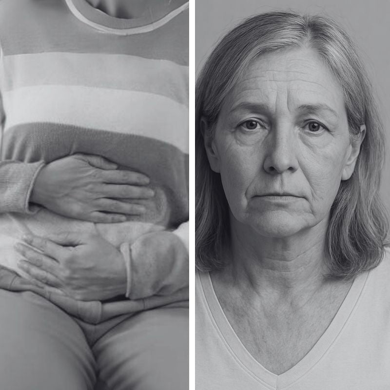 Left: seated person holding lower abdomen with both hands; Right: older woman with neutral, tired expression facing camera.