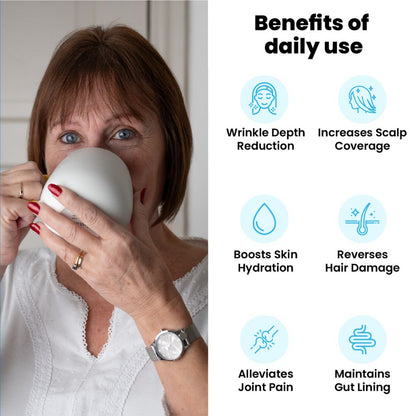 Older woman drinking from a mug; right panel titled "Benefits of daily use" lists Wrinkle Depth Reduction, Increases Scalp Coverage, Boosts Skin Hydration, Reverses Hair Damage, Alleviates Joint Pain, Maintains Gut Lining