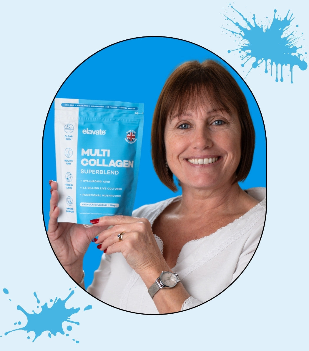 Smiling woman holding Elavate Multi Collagen Superblend pouch, Chocolate flavour.