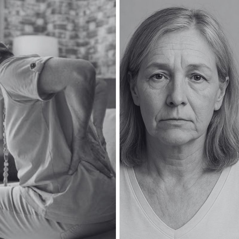 Split view — left: person holding lower back in pain; right: older woman facing camera with neutral expression