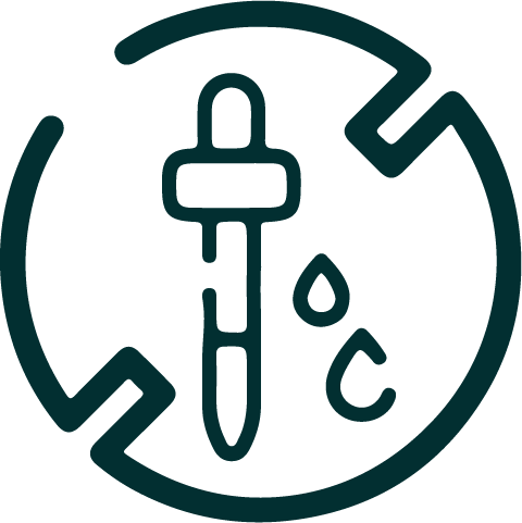 Dropper pipette with two droplets inside a circular arrow icon indicating refill or application