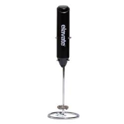 Black handheld milk frother labeled elevate with stainless-steel whisk