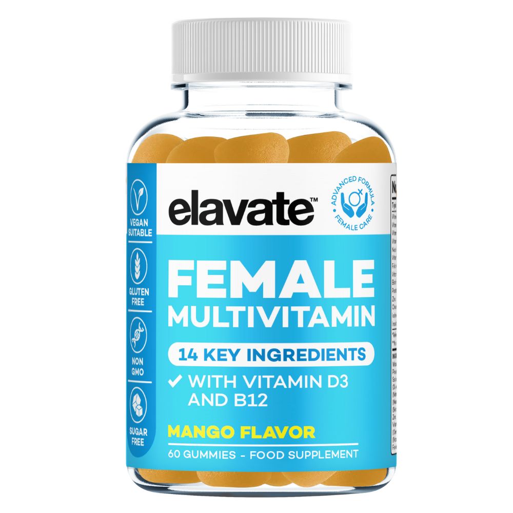 elavate female multivitamin gummies, mango flavor, 60 gummies, 14 key ingredients, with vitamin D3 and B12