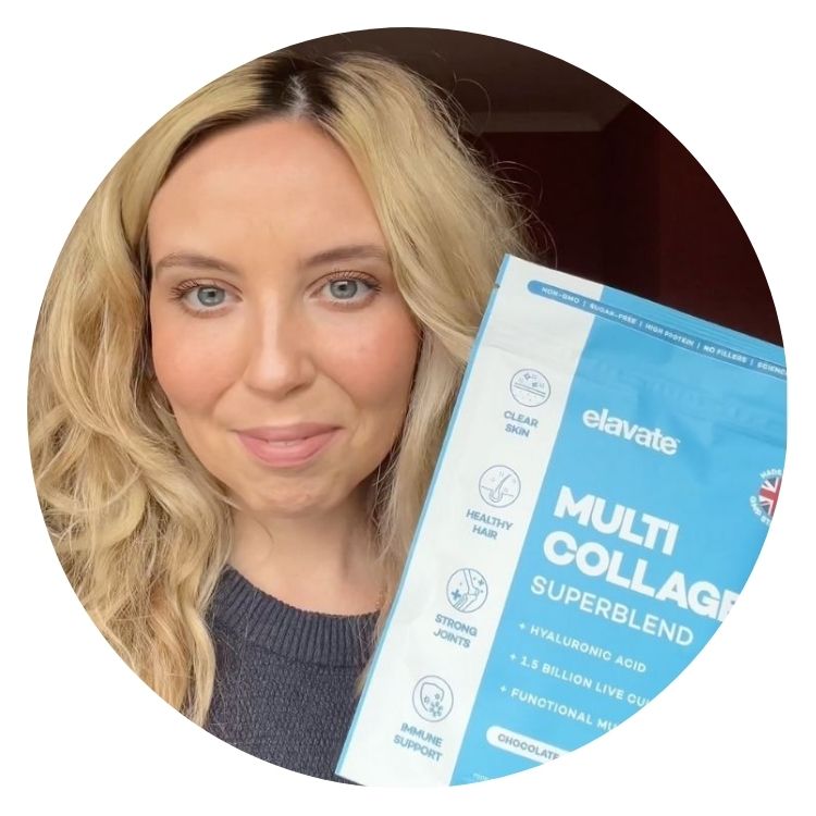 Woman holds blue pouch labeled elavate MULTI COLLAGEN SUPERBLEND; icons: CLEAR SKIN, HEALTHY HAIR, STRONG JOINTS, IMMUNE SUPPORT