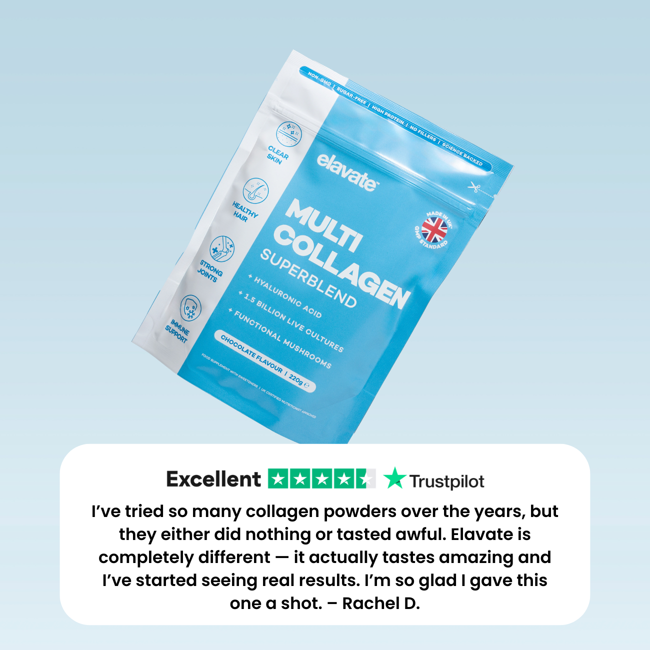 elavate MULTI COLLAGEN SUPERBLEND, Chocolate Flavour 220g — clear skin; healthy hair; strong joints; immune support; Trustpilot 'Excellent' review by Rachel D.