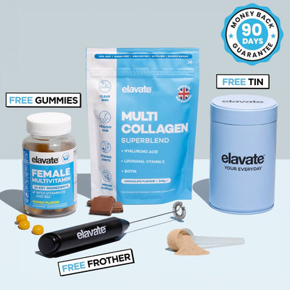elavate bundle: Female multivitamin gummies, Multi Collagen Superblend (chocolate) powder, branded tin, frother, scoop.