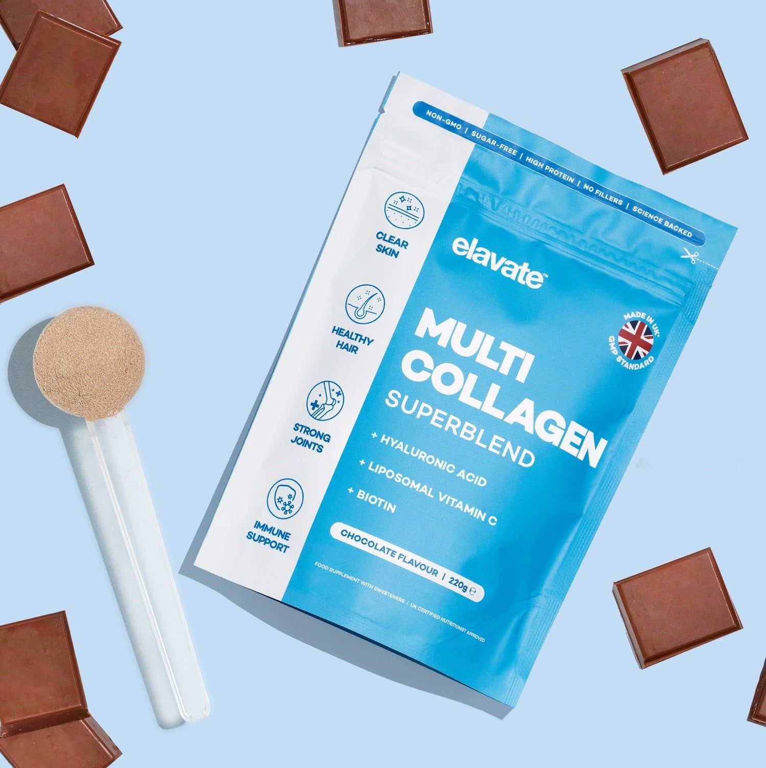 Blue Elavate Multi Collagen Superblend pouch, chocolate flavour powder with scoop and chocolate squares