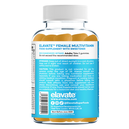 Back label of Elavate Female Multivitamin gummy bottle showing directions, storage and caution text, branding and best-before date