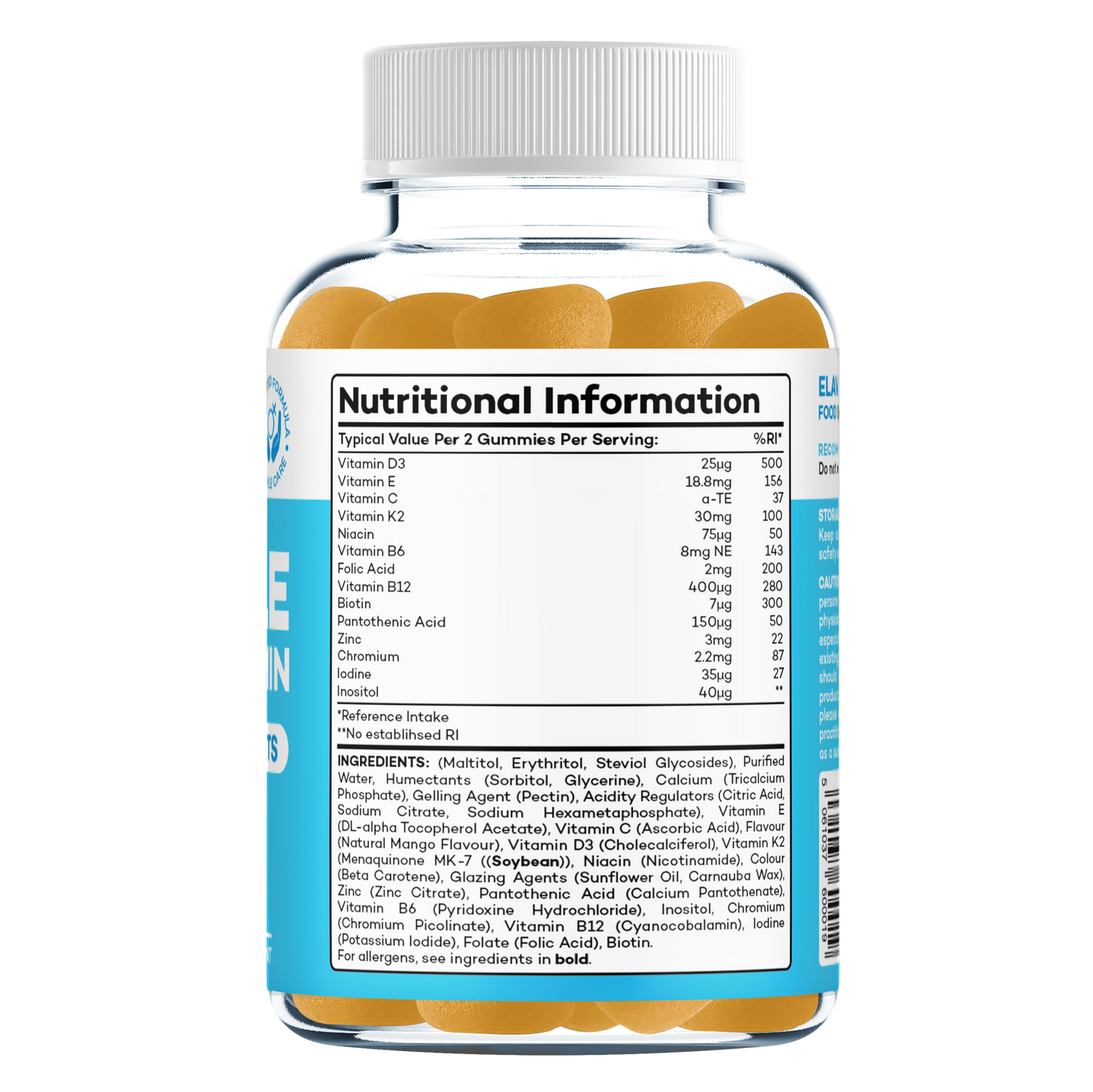 Nutritional information and ingredients label on a clear bottle of female multivitamin gummies