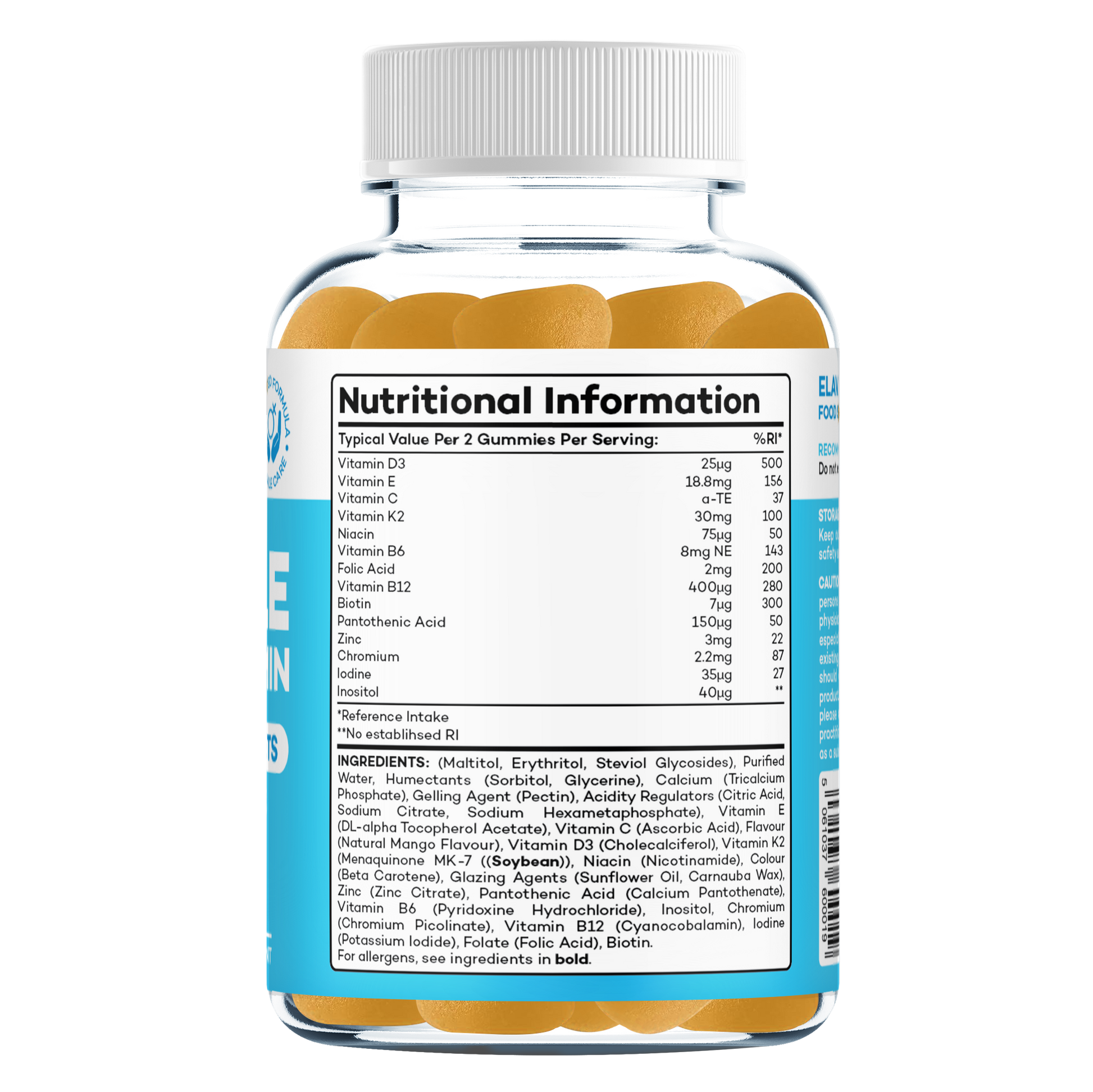 Nutritional information and ingredients label on a clear bottle of female multivitamin gummies