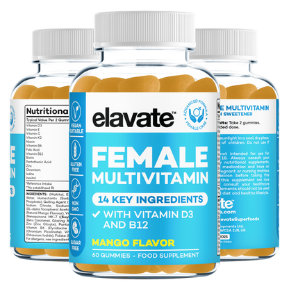Three jars of Elavate Female Multivitamin gummies, mango flavor; label: 14 key ingredients, vitamin D3 and B12.