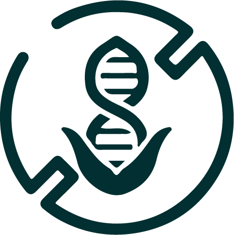 DNA helix emerging from a leaf within circular arrows, representing genetics and sustainable agriculture