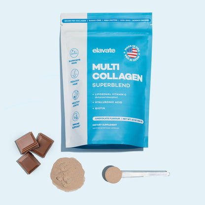 elavate Multi Collagen Superblend pouch (chocolate flavour) with scoop of powder and chocolate squares