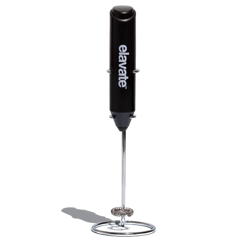 Handheld black elavate™ milk frother with stainless-steel whisk