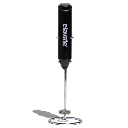 Handheld black elavate™ milk frother with stainless-steel whisk
