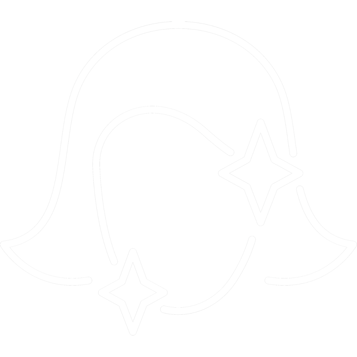 White line woman-hair outline with two sparkles, symbolizing shiny healthy hair
