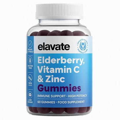 elavate bottle of Elderberry, Vitamin C & Zinc gummies — immune support; 60 gummies, food supplement