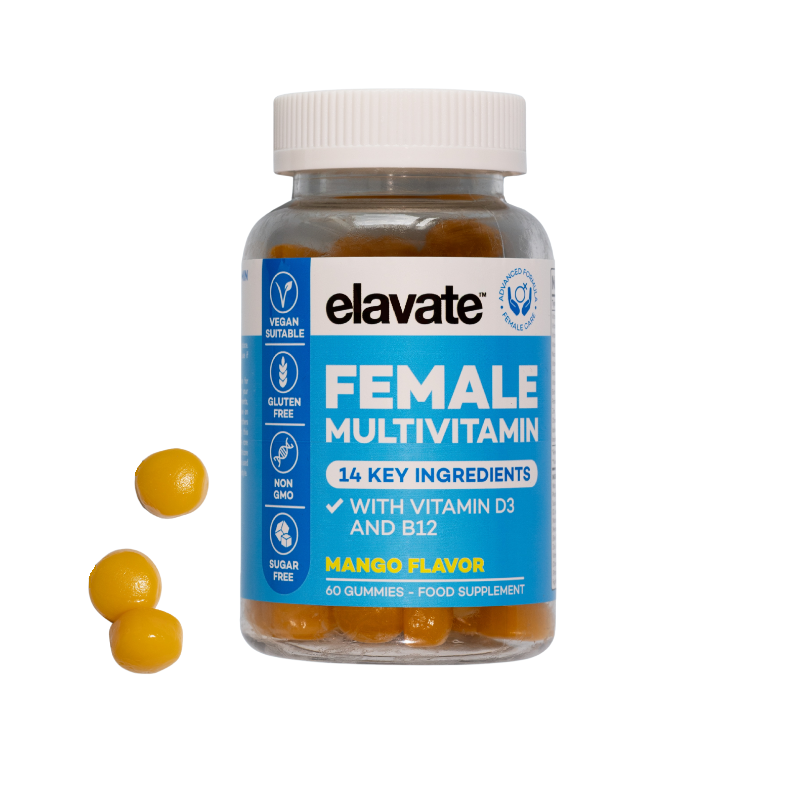 Elavate Female multivitamin bottle with mango-flavored gummies; label notes vitamin D3 and B12, 60 gummies